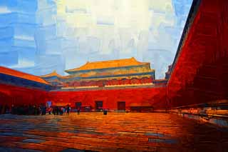 illust, material, livram, paisagem, quadro, pintura, lpis de cor, creiom, puxando,Horse Forbidden City Gate, Camada de Zhu, Porto dianteiro, Parede vermelha, Cartes
