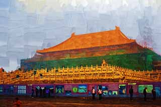 illustration,material,free,landscape,picture,painting,color pencil,crayon,drawing,Forbidden City buttocks Kazu Hutoshi, The wooden building, Emperor, Palace, Tile roof