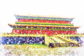 illustration,material,free,landscape,picture,painting,color pencil,crayon,drawing,Forbidden City's body, Hitoshi Pavilion, The wooden building, , Palace, Tile roof