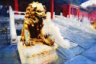 illustration,material,free,landscape,picture,painting,color pencil,crayon,drawing,Forbidden City gold painted bronze lion statues, Lion, Female, Palace, Cradle