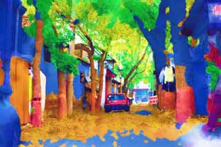 illustration,material,free,landscape,picture,painting,color pencil,crayon,drawing,Beijing's streets, Automobile, Private house, Fallen leaves, Working