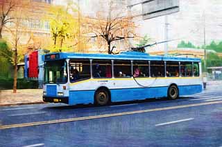 Illust, materieel, vrij, landschap, schilderstuk, schilderstuk, kleuren potlood, crayon, werkje,Beijing's trolleybus, Motorcoach, Routeer autobus, Non-varen trein uit, Verkeer