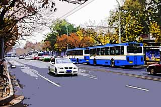 illustration,material,free,landscape,picture,painting,color pencil,crayon,drawing,Beijing's main street, Motorcoach, Route bus, Non-rail train, Traffic