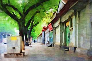 illustration,material,free,landscape,picture,painting,color pencil,crayon,drawing,Beijing's sidewalks, Bicycle, Trolleybus, Store, Pedestrian