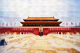 Illust, materieel, vrij, landschap, schilderstuk, schilderstuk, kleuren potlood, crayon, werkje,Tiananmen, Mao Zedong, Vondeling verklaring, Nationaal embleem, Yongle Keizer