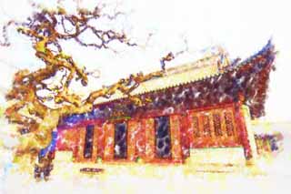 illust, materiale, libero panorama, ritratto dipinto, matita di colore disegna a pastello, disegnando,Auditorium nel Tempio di grande misericordia e di bont, Buddismo, Davanzale, Di legno, Viaggi all'ovest