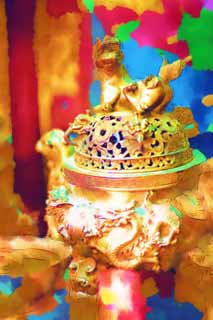 illustration,material,free,landscape,picture,painting,color pencil,crayon,drawing,Censer in Temple of Great Mercy and Goodness, Lion, Brass, Buddhism, Scent