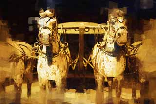 illust, materiale, libero panorama, ritratto dipinto, matita di colore disegna a pastello, disegnando,Chariot bronzo e Cavalli nel Mausoleo del Primo Imperatore Qin, Rame a cavalli, Persone antiche, Tomba, Eredit di Mondo
