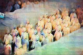 illustration,material,free,landscape,picture,painting,color pencil,crayon,drawing,Terracotta Warriors in Pit No.1, Terra Cotta Warriors, Ancient people, Tomb, World Heritage