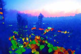 illust, materiale, libero panorama, ritratto dipinto, matita di colore disegna a pastello, disegnando,Shinjuku di notte, A molti piani, Subcenter, Tokio governo metropolitano, Costruendo