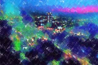 illustration,material,free,landscape,picture,painting,color pencil,crayon,drawing,Shinjuku at night, High-rise, Subcenter, Tokyo Metropolitan Government, Building