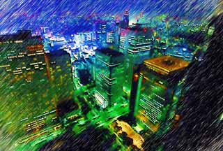 illust, material, livram, paisagem, quadro, pintura, lpis de cor, creiom, puxando,Shinjuku  noite, Edifcio alto, Subcenter, Tquio o governo metropolitano, Construindo