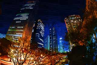 illust, matire, libre, paysage, image, le tableau, crayon de la couleur, colorie, en tirant,Shinjuku de nuit, Tour, Subcenter, Tokyo gouvernement mtropolitain, Construire