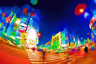 illustration,material,free,landscape,picture,painting,color pencil,crayon,drawing,Shinjuku at night, CROSSWALK, Signal, Sign, Neon