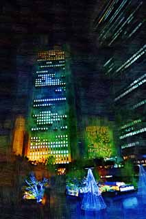 illustration,material,free,landscape,picture,painting,color pencil,crayon,drawing,Shinjuku at night, High-rise, Subcenter, Illuminations, Building