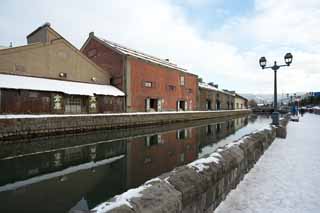 photo,material,free,landscape,picture,stock photo,Creative Commons,Otaru canal, Canal, Warehouse, Street lamp, Snow cover