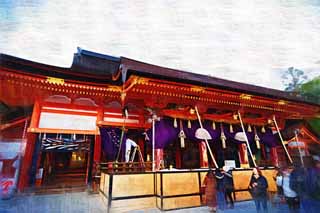 illustration,material,free,landscape,picture,painting,color pencil,crayon,drawing,Yasaka Shrine hall of worship, Gion construction, Gambrel roof, Inada, combs the princess's life, SUSANOWONOMIKOTO