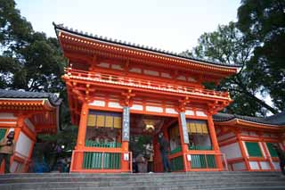 Foto, materieel, vrij, landschap, schilderstuk, bevoorraden foto,Yasaka Shrine twee-verhaal gate, Heiligdom, Zhu aflaklaag, Gion, SUSANOWONOMIKOTO