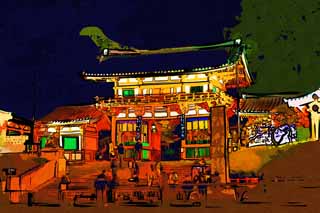 illust, matire, libre, paysage, image, le tableau, crayon de la couleur, colorie, en tirant,Sanctuaire Yasaka deux tages porte, Temple, Couche Zhu, Gion, SUSANOWONOMIKOTO