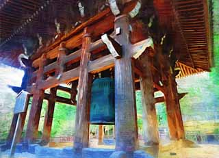 illustration,material,free,landscape,picture,painting,color pencil,crayon,drawing,Chionin Institute large bell tower, Buddhism, HOUNEN, Hanging bell, Zen temple