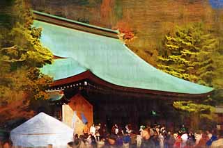 illust, materiale, libero panorama, ritratto dipinto, matita di colore disegna a pastello, disegnando,Al di fuori della sala di culto nel Santuario Kashihara, Scintoismo, , Cronache del Giappone, Kojiki