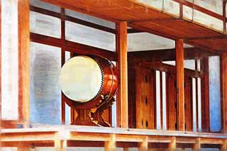 illust, materiale, libero panorama, ritratto dipinto, matita di colore disegna a pastello, disegnando,Kagura Hall in Kashihara Santuario, Scintoismo, , Cronache del Giappone, Kojiki