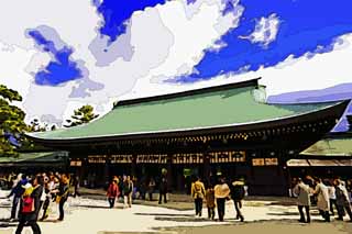 illust, materiale, libero panorama, ritratto dipinto, matita di colore disegna a pastello, disegnando,Al di fuori della sala di culto nel Santuario Kashihara, Scintoismo, , Cronache del Giappone, Kojiki