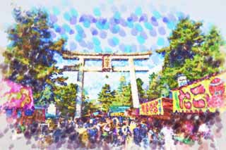 illustration,material,free,landscape,picture,painting,color pencil,crayon,drawing,Kitano Tenman-gu shrine's approach Torii, Torii, Mr. TENJIN, Kitano, Plums