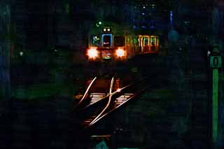 illustration,material,free,landscape,picture,painting,color pencil,crayon,drawing,The local train at night, Train, Line, Rail, Passenger
