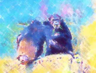 illust, material, livram, paisagem, quadro, pintura, lpis de cor, creiom, puxando,Chimpanz, Chindonya-PANJI, Macacos, Macaco, Grande macaco