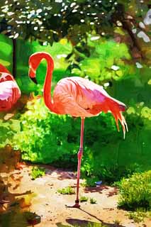 illust, materiell, befreit, Landschaft, Bild, Gemlde, Farbbleistift, Wachsmalstift, Zeichnung,,Ein Flamingo, Flamingo, Ein Bein, Salzen Sie See, Purpurrot