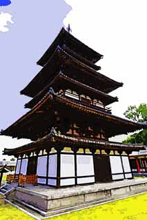 illust, matire, libre, paysage, image, le tableau, crayon de la couleur, colorie, en tirant,Temple Yakushi-ji tour est, Je suis peint en rouge, Le Bouddha de gurir, Monastre bouddhiste, Chaitya