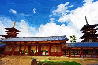 illust, matire, libre, paysage, image, le tableau, crayon de la couleur, colorie, en tirant,La porte de Temple Yakushi-ji a construit entre la porte principale et la maison principale de l'architecture palais-appele dans la priode Fujiwara, Je suis peint en rouge, Le Bouddha de gurir, Monastre bouddhiste, Chaitya