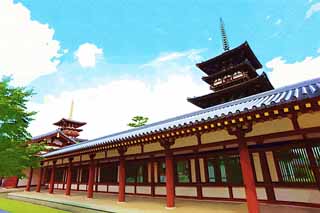 illust, matire, libre, paysage, image, le tableau, crayon de la couleur, colorie, en tirant,Couloir de Temple Yakushi-ji, Je suis peint en rouge, Le Bouddha de gurir, Monastre bouddhiste, Chaitya