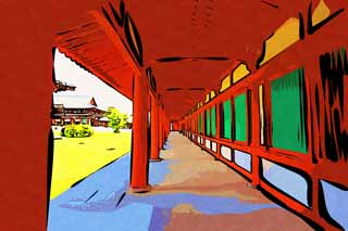 illustration,material,free,landscape,picture,painting,color pencil,crayon,drawing,Yakushi-ji Temple corridor, I am painted in red, The Buddha of Healing, Buddhist monastery, Chaitya