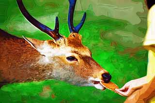 illustration,material,free,landscape,picture,painting,color pencil,crayon,drawing,A deer rice cracker, , deer, feeding, deer rice cracker