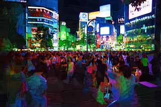 illust, material, livram, paisagem, quadro, pintura, lpis de cor, creiom, puxando,A noite de Estao de Shibuya, O centro da cidade, passeador, Iluminao, multido