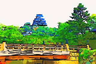 illust, materiale, libero panorama, ritratto dipinto, matita di colore disegna a pastello, disegnando,Himeji-jo il Castello, Quattro tesori nazionali Arroccano, Il ponte di cancello di albero ciliegio, Shigetaka Kuroda, Hideyoshi Hashiba