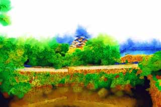 illust, material, livram, paisagem, quadro, pintura, lpis de cor, creiom, puxando,Himeji-jo Castelo, Quatro Castelo de tesouros nacional, castelo, Shigetaka Kuroda, Hideyoshi Hashiba