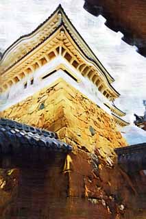 illust, materiale, libero panorama, ritratto dipinto, matita di colore disegna a pastello, disegnando,Himeji-jo il Castello Inui la piccola torre di castello, Quattro tesori nazionali Arroccano, Sadanori Akamatsu, Shigetaka Kuroda, Hideyoshi Hashiba