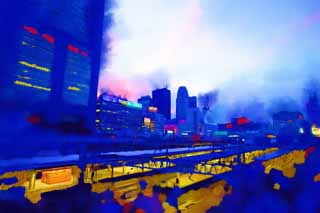 illustration,material,free,landscape,picture,painting,color pencil,crayon,drawing,The dusk of Shinjuku Station, railroad, Shinjuku, high-rise building, city