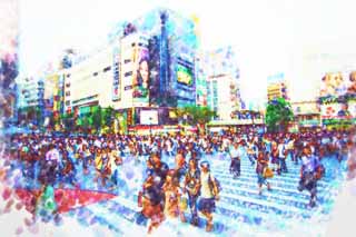 Illust, materieel, vrij, landschap, schilderstuk, schilderstuk, kleuren potlood, crayon, werkje,De overtocht van Shibuya Station, Benedenstad, Walker, Oversteekplaats, Menigte