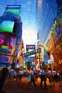 illustration,material,free,landscape,picture,painting,color pencil,crayon,drawing,Shibuya center street, Downtown, walker, pedestrian crossing, crowd
