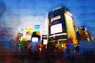 illust, material, livram, paisagem, quadro, pintura, lpis de cor, creiom, puxando,O cruzamento de Estao de Shibuya, O centro da cidade, passeador, passagem para pedestres, multido