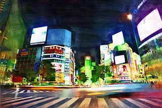 Illust, materieel, vrij, landschap, schilderstuk, schilderstuk, kleuren potlood, crayon, werkje,Avond van Shibuya, Benedenstad, Shibuya 109, Oversteekplaats, Lichtreclame