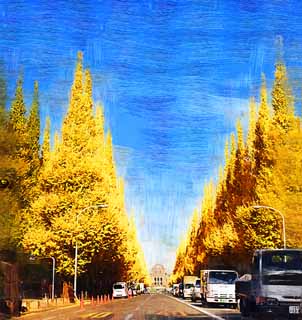 illustration,material,free,landscape,picture,painting,color pencil,crayon,drawing,An outer garden ginkgo row of trees, ginkgo, , Yellow, roadside tree