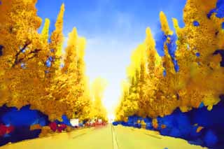 illustration,material,free,landscape,picture,painting,color pencil,crayon,drawing,An outer garden ginkgo row of trees, ginkgo, , Yellow, roadside tree