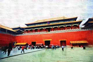 illustration,material,free,landscape,picture,painting,color pencil,crayon,drawing,Wumen of the old palace, I am painted in red, The front gate, red wall, lofty building