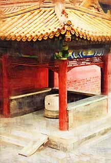 illustration,material,free,landscape,picture,painting,color pencil,crayon,drawing,The well of the old palace, well, roof, I am painted in red, stone pillar