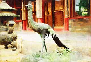 illustration,material,free,landscape,picture,painting,color pencil,crayon,drawing,The bronze statue of the Chinese phoenix, bird, Chinese phoenix, tail feather, The empress